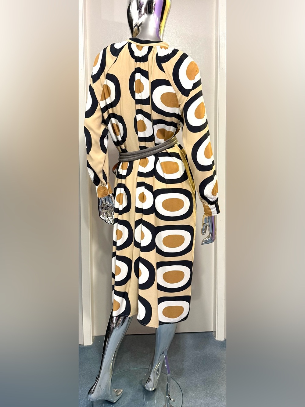 Marimekko Beige, White, Black, Caramel Geometric BOHO Long Sleeve Midi Dress - Picture 4 of 7